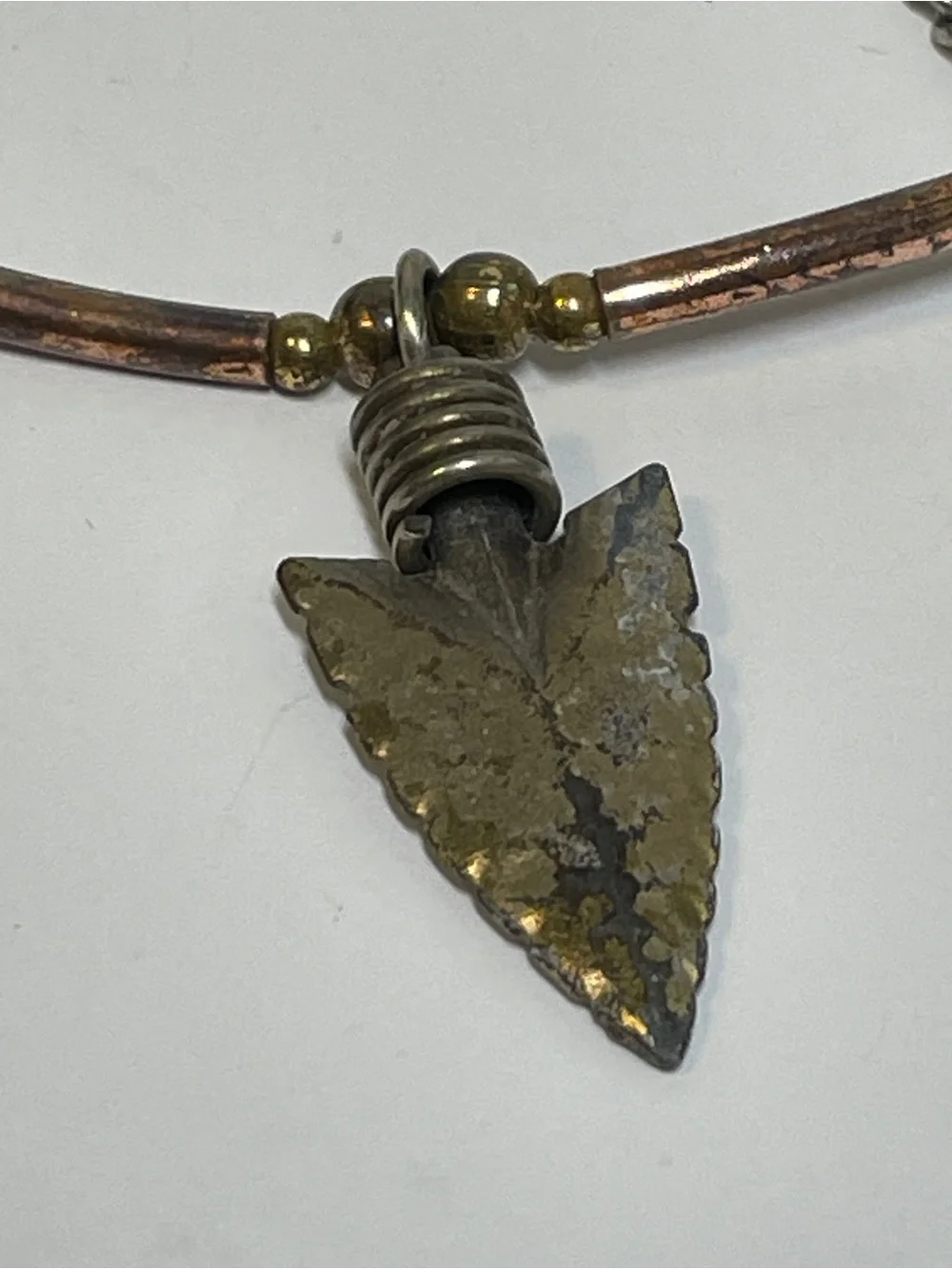 Vtg Arrowhead Necklace Silver Tone & Copper Embellished Pendant Artsy Rustic 18”